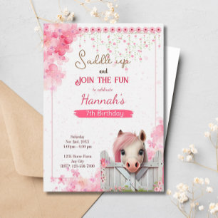 Pretty Horse Birthday Pink Floral Equestrian Farm Invitation