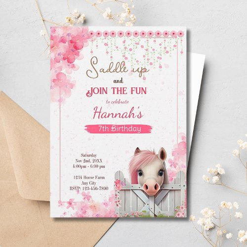 Pretty Horse Birthday Pink Floral Equestrian Farm Invitation