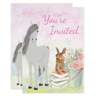 Pretty Horse, Bunny, Flowers and Books Birthday Invitation