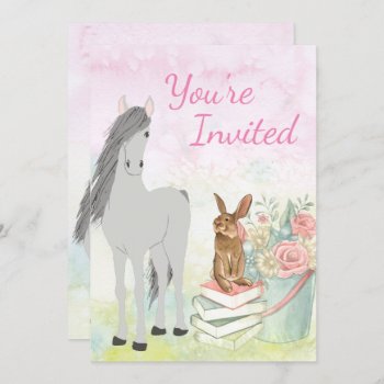 Pretty Horse  Bunny  Flowers And Books Birthday Invitation by TheCutieCollection at Zazzle