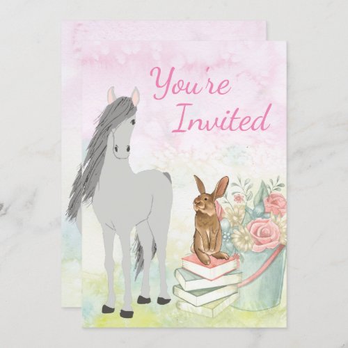 Pretty Horse Bunny Flowers and Books Birthday Invitation