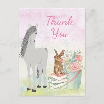Pretty Horse  Bunny  Flowers And Books Thank You Postcard by TheCutieCollection at Zazzle