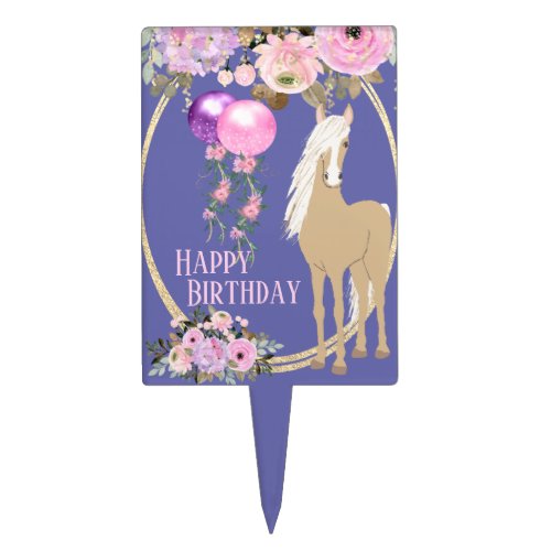 Pretty Horse Floral Periwinkle Birthday Cake Topper