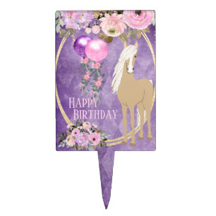 Pretty Horse Floral Purple Pink Birthday Cake Topper