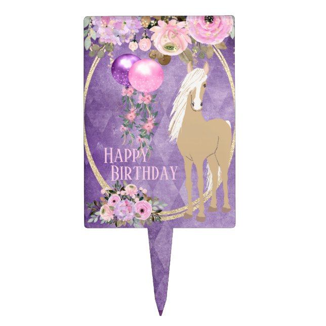 Pretty Horse Floral Purple Pink Birthday Cake Topper (Front)