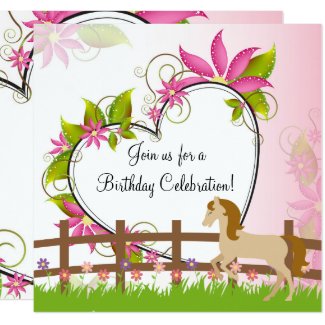 Pretty Horse Flowers and Heart Birthday Invitation