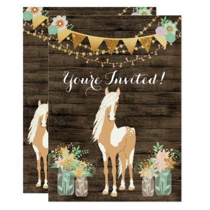 Pretty Horse, Flowers, Rustic Wood Birthday Invite