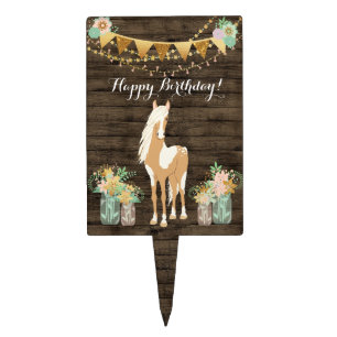 Pretty Horse, Flowers Rustic Wood Happy Birthday Cake Topper