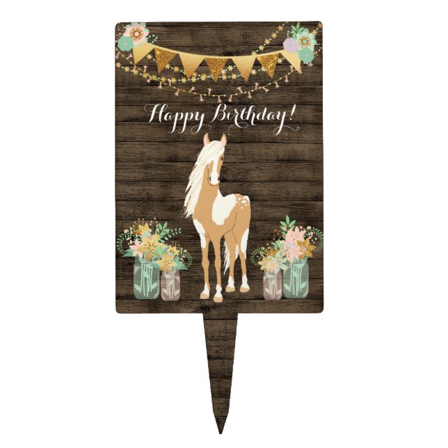 Pretty Horse, Flowers Rustic Wood Happy Birthday Cake Topper (Front)