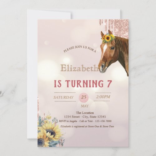 Pretty Horse Glitter Drips Sunflowers  Birthday Invitation