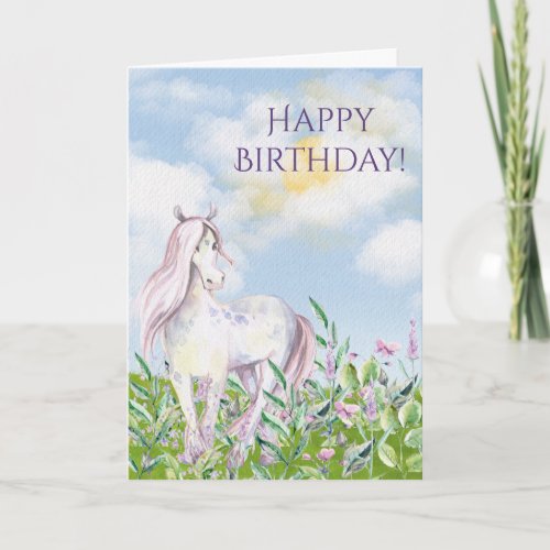 Pretty Horse in Field of Flowers Girls Birthday Card