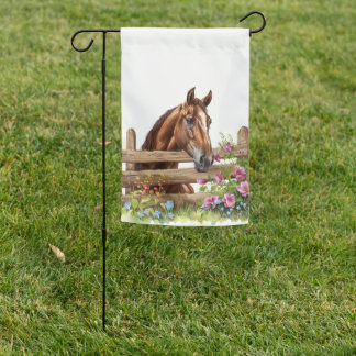 PRETTY HORSE LOOKING OVER A FENCE WITH FLOWERS GARDEN FLAG