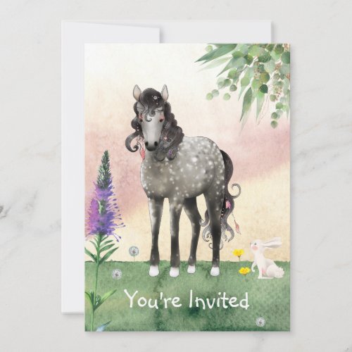 Pretty Horse Meadow with Spring Flowers Birthday Invitation