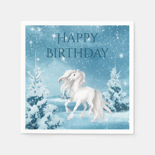 Pretty Horse on Snowy Winter Night Happy Birthday Napkins