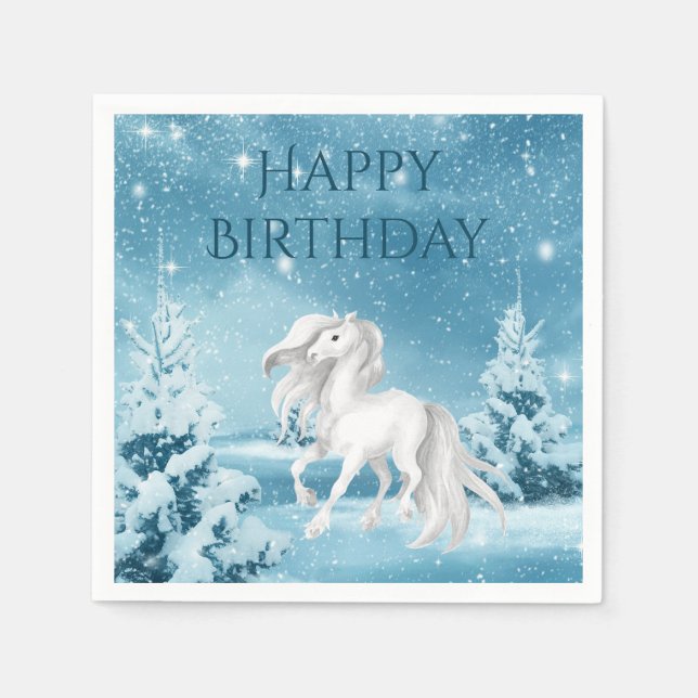 Pretty Horse on Snowy Winter Night Happy Birthday Napkins (Front)
