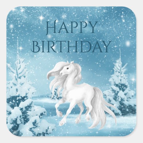 Pretty Horse on Snowy Winter Night Happy Birthday Square Sticker