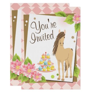 Pretty Horse, Pink Flowers and Cupcakes Birthday Invitation