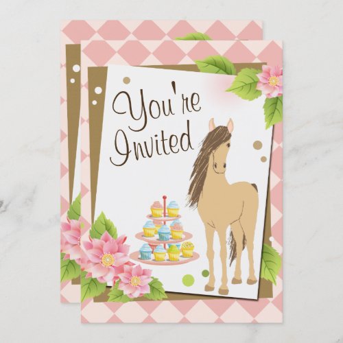 Pretty Horse Pink Flowers and Cupcakes Birthday Invitation