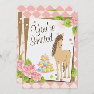 Pretty Horse, Pink Flowers and Cupcakes Birthday Invitation