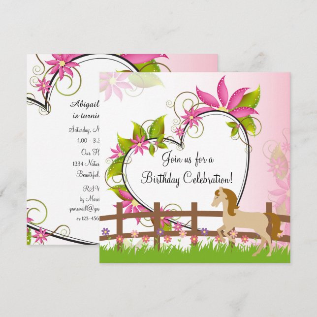 Pretty Horse, Pink Flowers and Heart Birthday Invitation (Front/Back)