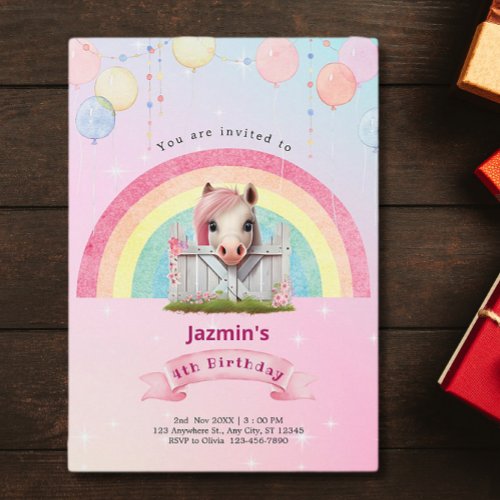 Pretty Horse Pink Rainbow Balloons Birthday Party Invitation