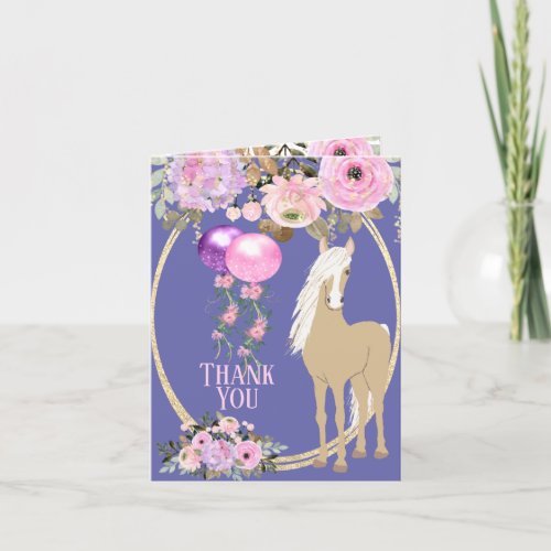 Pretty Horse with Flowers Pink and Periwinkle Thank You Card