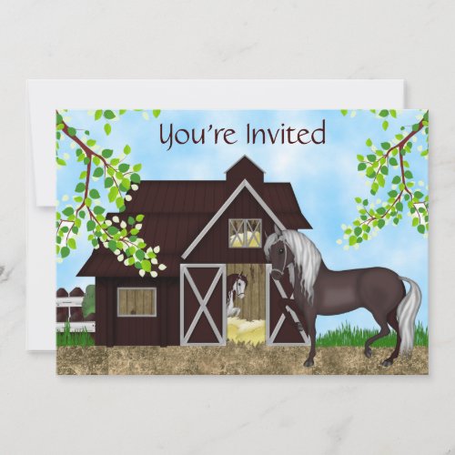Pretty Horses and Barn Girls Birthday Invitation