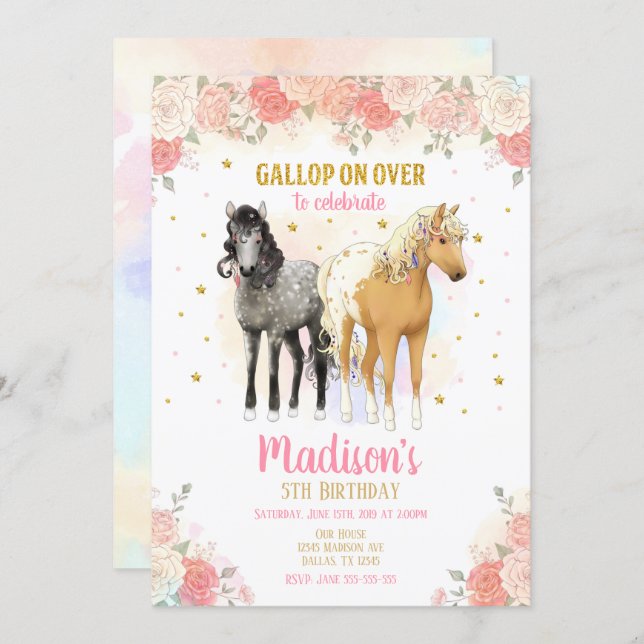 Pretty Horses and Flowers Birthday Invitation  (Front/Back)
