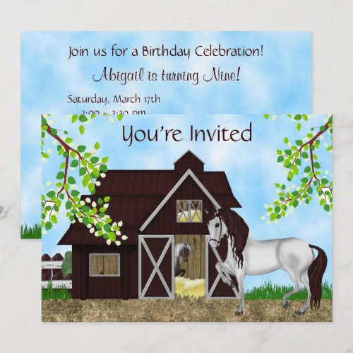 Pretty Horses and Barn Birthday Invitation ~ Girls