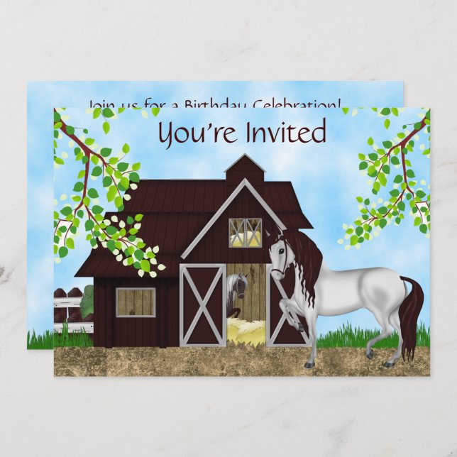 Pretty Horses, Barn and Trees Birthday Party Invitation (Front/Back)