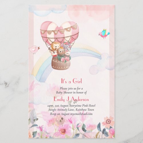 Pretty Hot Air Balloon Animals Baby Girl Shower Flyer