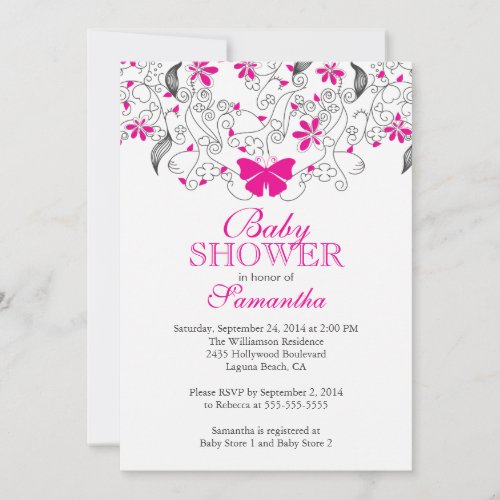 Pretty Hot Pink Butterfly Baby Girl Baby Shower Personalized Announcement