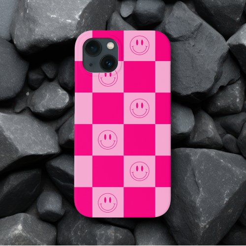 Pretty Hot Pink Checker  Happy Smile Faces iPhone 13 Case