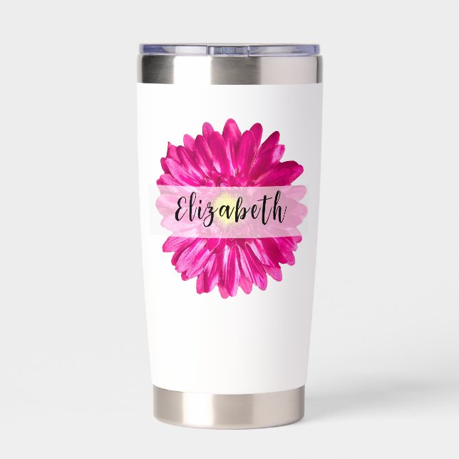 Pretty Hot Pink Daisy Custom Name and Monogram Insulated Tumbler (Back)