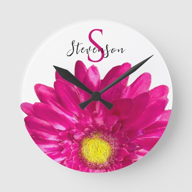 Pretty Hot Pink Daisy Custom Name and Monogram Round Clock (Front)