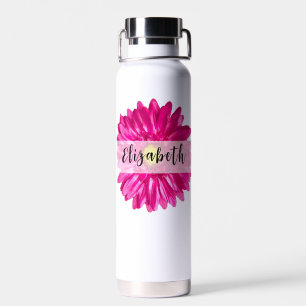Pretty Hot Pink Daisy Custom Name and Monogram Water Bottle