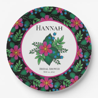 Pretty Hot Pink Floral on Black Paper Plates
