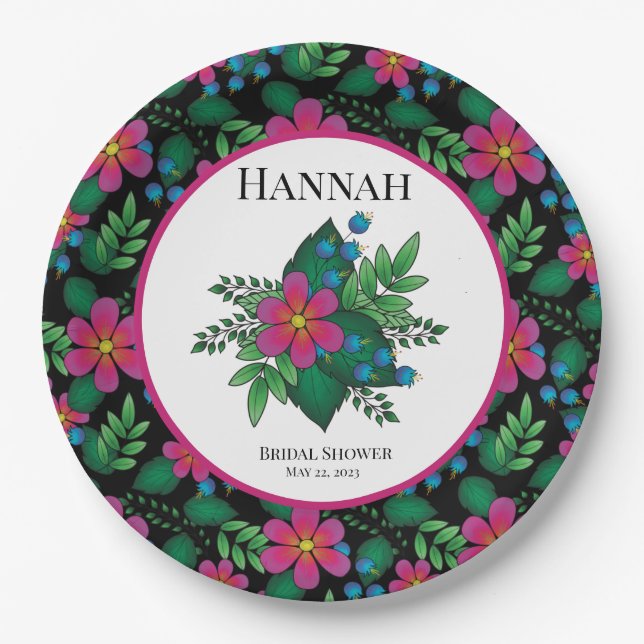 Pretty Hot Pink Floral on Black  Paper Plates (Front)
