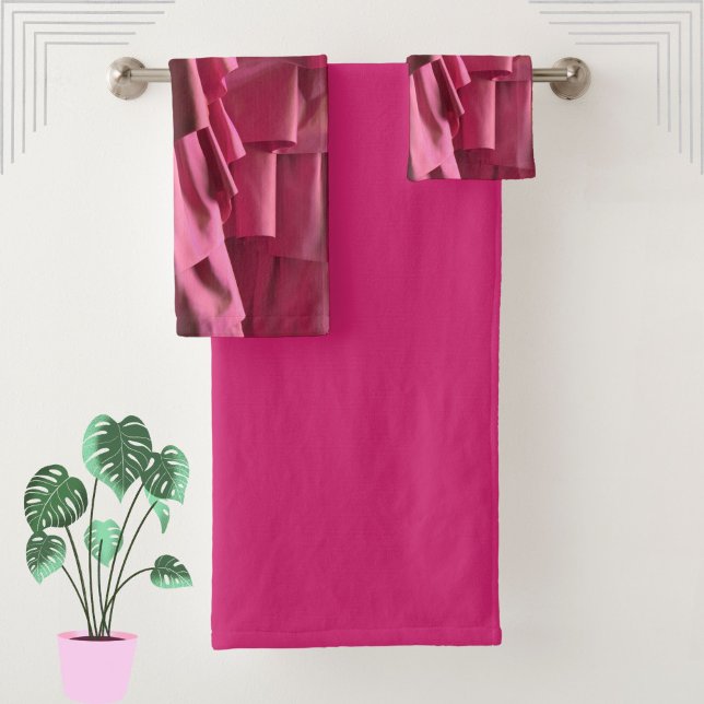 Pretty Hot Pink Glam Silk Ruffles Modern Pattern Bath Towel Set (These hot pink fuchsia ruffle pattern towels will add flare and style to your bathroom! )