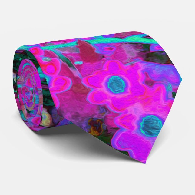 Pretty Hot Pink, Magenta and Aqua Blue Flowers Neck Tie (Rolled)