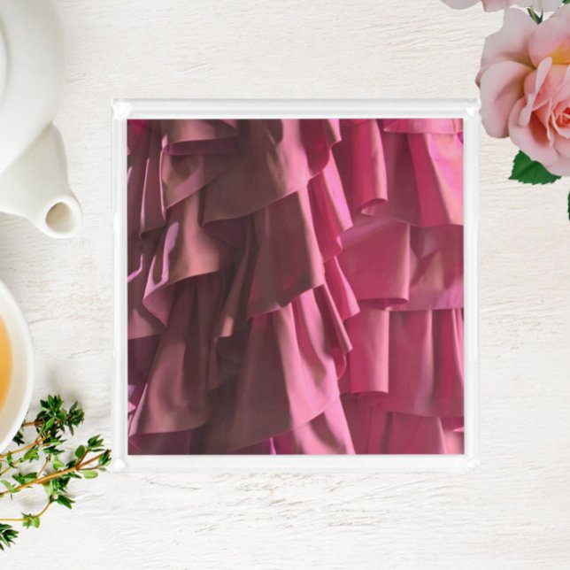 Pretty Hot Pink Ruffles Pattern Modern Square Tray (Glam up tea time with this pretty hot pink ruffle pattern modern acrylic tray!)