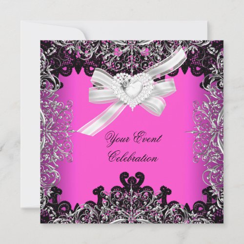 Pretty Hot Pink White Black Lace Elegant Party Invitation