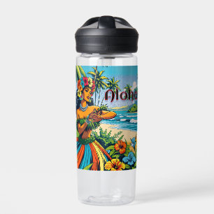 Pretty Hula Dancer on the Hawaiian Islands Aloha Water Bottle
