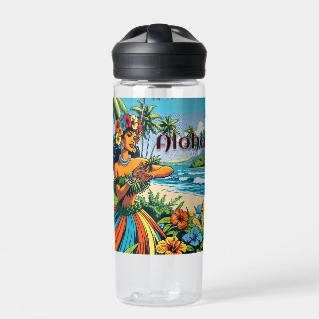 Pretty Hula Dancer on the Hawaiian Islands Aloha Water Bottle (Front)