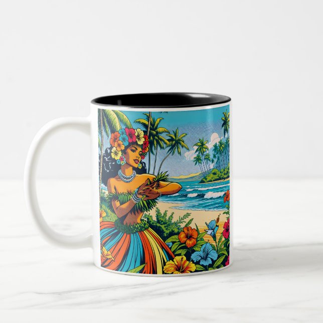 Pretty Hula Dancer on the Hawaiian Islands Two-Tone Coffee Mug (Left)
