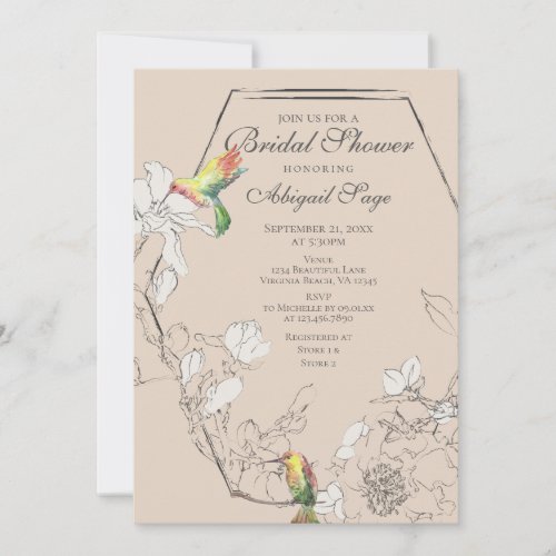 Pretty Hummingbird Floral Geometric Bridal Shower Invitation