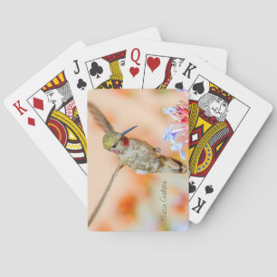 Pretty Hummingbird Flying Over Flowers Name Poker Cards