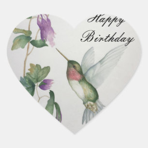 Pretty Hummingbird Happy Birthday Watercolor Heart Sticker