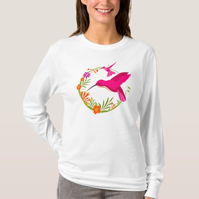 Pretty Hummingbirds and Flowers T-Shirt (Front)