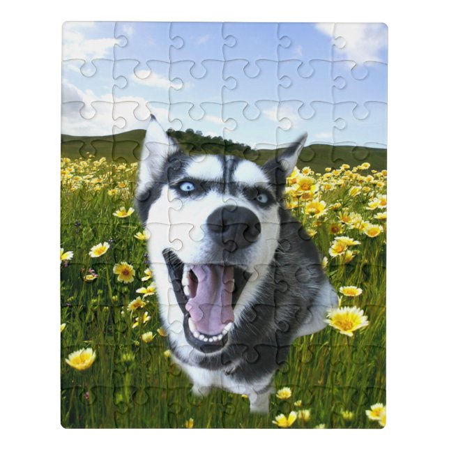 Pretty Husky Dog in Flowers Cute and Fun Jigsaw Puzzle (Puzzle Vertical)